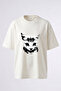 Black and White Cat Design Back Printed Cotton White Oversize T-Shirt