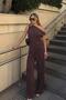 Brown Low Sleeve Off Shoulder Blouse-High Waist Pants Women's Bottom Top Set - 2