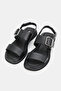 WOMEN'S BLACK GENUINE NATURAL LEATHER STRAPPED BUCKLE FLAT SANDALS - 2