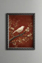 White Bird and Floral Branch Painting - Vintage Patterned Frame - Slim Model