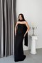 Black Strapless Floral Motif Long Evening Dress with Shawl Detail