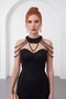 Women's Black Collar Detail Beaded Long Evening Dress - 3
