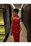 Red Strap Detailed Stoned Glittering Long Evening Dress 583417 - 2