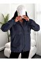 Women's Navy Blue Hooded Trench Coat with Elasticated Sleeves - 5