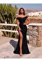 Women's Off-The-Shoulder Asymmetrical Draped Detailed Deep Slit Maxi Dress with Low Shoulder Collar Janjan Kre - 5