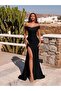 Women's Off-The-Shoulder Asymmetrical Draped Detailed Deep Slit Maxi Dress with Low Shoulder Collar Janjan Kre - 3