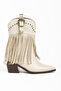 Beige Cream Matte Leather Tasseled Buckle Western Cowboy Boots - 2
