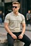 Men's Striped Casual Cream Polo Neck T-Shirt - 4