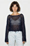 Women's Navy Blue Boat Neck Sequined Mesh Textured Bat Sleeve Crop Blouse 2765 60286345 - 3