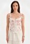 Women's Floral Printed Fabric Front Lace Detailed Design Blouse Corset