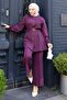 Button Detailed Belted Suit Plum 19296 - 3