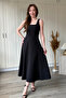 Elegant Square Neck Midi Flared Black Dress with Straps