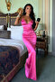 Fuchsia Finue Thin Straps Lace Detailed Satin Look Long Dress Ate-5775