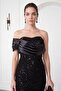 Women's Black Strapless Neckline Fishtail Evening Dress - 3