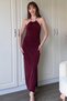 Halter Neck, Back Detailed, Slit, Draped Burgundy Dress - 4