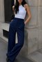 Women's Navy Blue High Waist Wide Leg Palazzo Trousers with Ribbed Front Stitching - 3