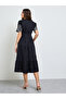 Black Contrast Embroidered A-Line Midi Dress - 6