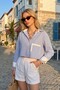Blue-White Striped Oversize Crop Woven Shirt with Garnished Cuffs and Pockets - 4