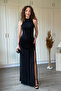 Drawstring Waist Slit High Neck Maxi Black Dress - 5