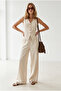 Women's Cream Lined Vest Trousers Linen Set Tkm-19000512 - 3