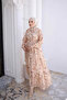 Beige Half-Buttoned Layered Dress with Elastic Sleeves