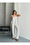 Striped Linen Fabric Elevator Strap Oversize Blouse Pants Set - 4