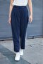 Women's Modal Diagonal High Waist Pleated Boyfriend Pants with Side Pockets-Navy Blue - 5