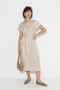Women's Beige 100% Linen Embossed Patterned Elastic Waist Belted Midi Dress 6788 60286415 - 4