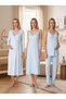 New Season Blue Striped Strappy Design with Breastfeeding Feature, Lace Detailed 100% Cotton Maternity Dressing Gown Nightgown Pajama Set - 8