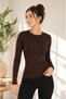 Women's Coffee Color Long Sleeve Crew Neck Basic Body Badi Slim Fit Lycra Flexible Viscose Daily Blouse