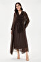 Brown Italian Collar Ruffled Half Placket Buttoned Collar Lined Long Silk Dress 38 - 44 Size