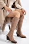 Mink Camel Matte Suede Metal Toe Cap Below the Knee Flat Zippered Western Cowboy Boots - 6