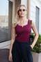 Women's Lycra Stretchy Knitwear Square Neck Camisole Body Blouse-Burgundy - 2