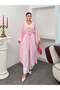 Women's V-Neck Waist-Tied Gold Detailed Wide Sleeve Jacquard Patterned Long Kimono 9088 - Pink - 4