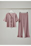 Women's Bamboo Linen Pajama Set with Tie Front Detail, Flared Sleeves and Cuffs - 6