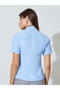 Blue Short Sleeve Blouse with Neck-Tie Detail - 5