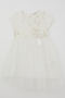 Girl's Short Sleeve Dress with Sequin Butterfly Embroidery and Tulle Bow Detail, Ages 1.5-5, Ecru - 3