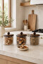 Set of 3 750 ml Acacia Lid Striped Glass Jar Set Coffee Tea Sugar Nuts Storage Container - 4