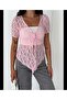 Women's Lace Transparent Front Tie Drawstring Detailed V-Neck Short Sleeve Summer Blouse - 5