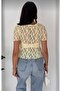 Women's Lace Transparent Front Tie Drawstring Detailed V-Neck Short Sleeve Summer Blouse - 6