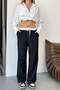 Women's Adjustable Waist Double Pocket Wide Leg Sweatpants Navy Blue - 3035 - 2