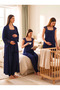 New Season Navy Blue Wide Strap Buttoned Design Lace Detailed 100% Cotton Long Dressing Gown Nightgown Pajama Set 4-Piece Set - 2