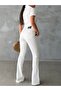 Women's Lycra Denim Set - Short Sleeve Pocket Detailed Denim Jacket and Spanish Flare Pants Two-Piece Set - 4