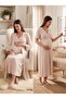 New Season Beige Double-Breasted Collared 100% Cotton Short-Sleeved Special Design Maternity Nightgown Set with Nursing Features - 3