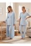 New Season Blue Long Dressing Gown with Double Breasted Collar, Special Design, Breastfeeding Feature, 100% Cotton Maternity Dressing Gown Pajama Set - 5