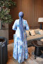 Blue Half-Buttoned Layered Dress with Elastic Sleeves - 4