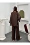 Single Gold Button V-Neck Wide Sleeve Wrinkled Textured Kimono Trouser Set 9110 - Brown - 4