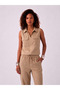 100% Cotton Double Pocket Zippered Beige Women's Vest - 5
