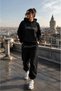 Unisex 3 Threaded Yarn Oversized Hooded Sweatshirt Set with Stone Detail and Kangaroo Pocket - 2