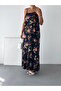 Women's Black Floral Patterned Viscose Maxi Dress with Side Pockets and Straps - 2